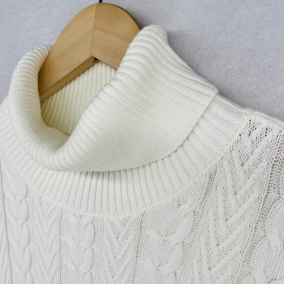 LANDS END Sweater Womens L 14-16 Turtleneck Cable Knit Pullover Cotton Off White - Picture 3 of 16